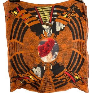 Christian Lacroix Art-Inspired Silk Scarf with Vivid Portrait, Abstract Motifs